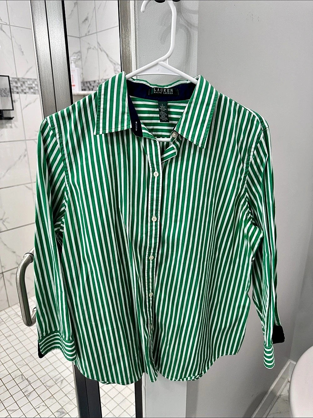Lauren Ralph Lauren Striped Cotton Button Down in Green & White
